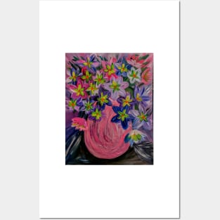 A fun and bright vibrant bouquet of flowers in a pink vase . Posters and Art